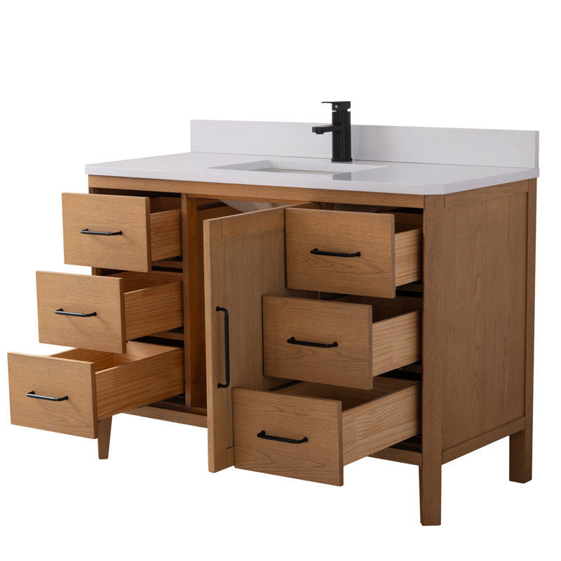 Meuble-lavabo autoportant Tennant Brand de style moderne du milieu du siècle, 48 pouces, couleur chêne brun chaud, lavabo simple, comptoir en quartz blanc, entièrement assemblé