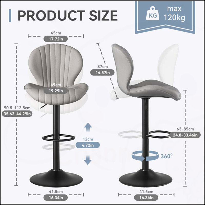 Ensemble de 2 tabourets de bar modernes pivotants, dossier haut et coussin confortable pour la cuisine, la salle à manger et le bar