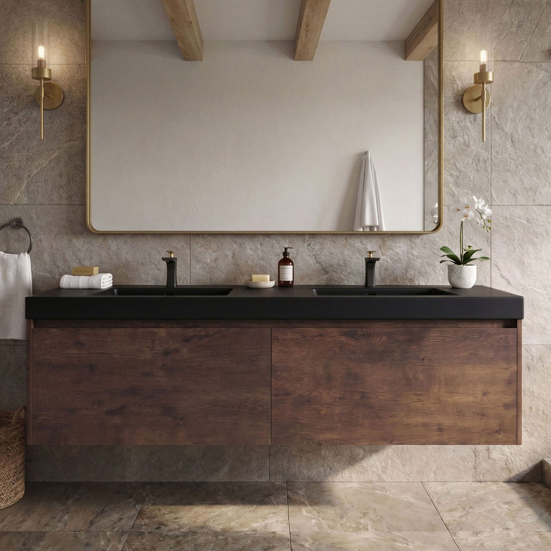 Wall Mounted Single Double Vanity Bathroom Vanity With Solid Surface Top, Brown