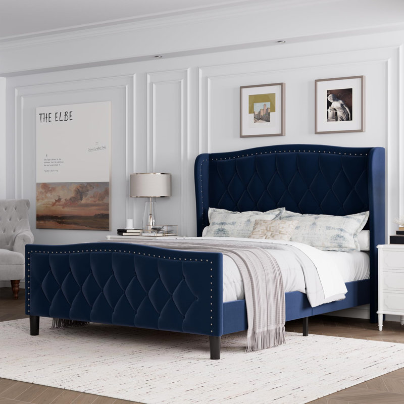 Grand lit plateforme tapissier en velours avec tête de lit à oreilles - Aucun sommier requis, Bleu