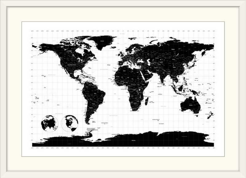 Francy «World Map» par Bellen, impression, H 32 po x l 44 po x P 1 po, Cadre blanc