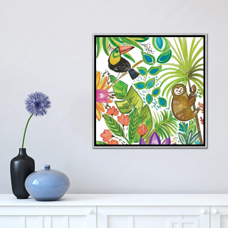 Art tropical encadré, H 18 po x l 18 po x P 1,5 po, Toile avec cadre argenté