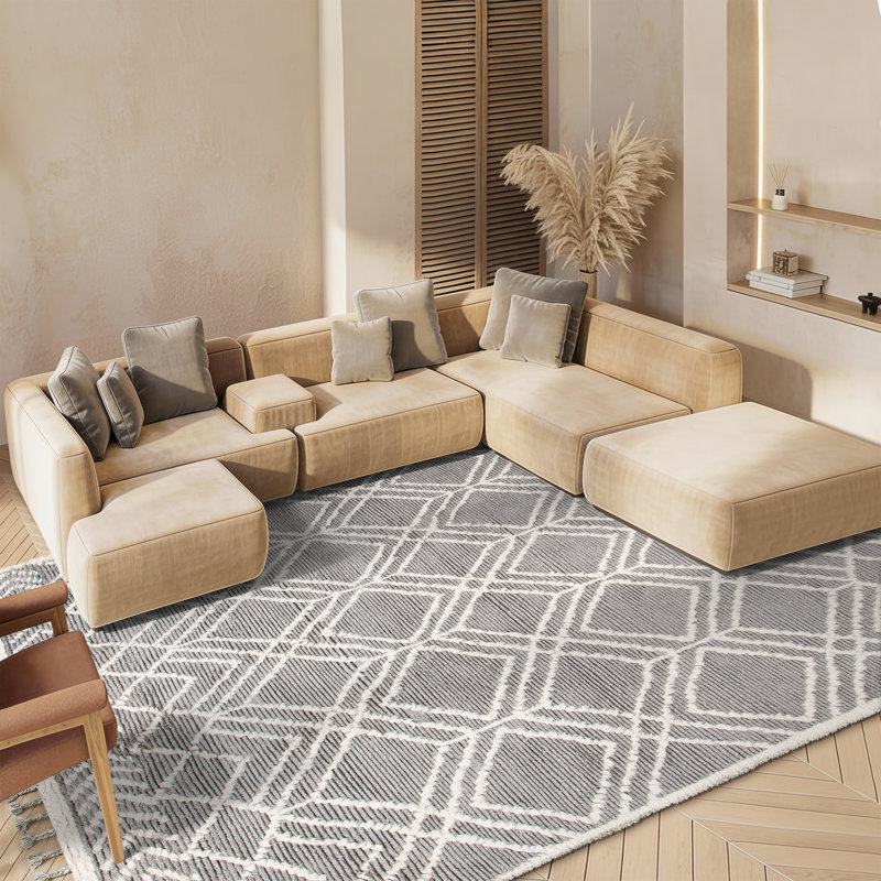 Tapis géométrique en laine et en coton tissé à la main Freman, Rectangulaire 8 pi x 10 pi