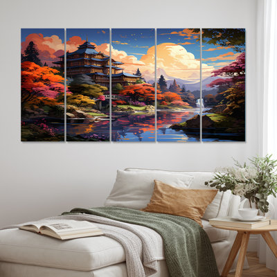 Temple japonais dans un jardin d'automne coloré I - décoration murale Art asiatique - 5 panneaux égaux