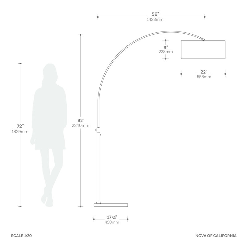 Lampe à arc 92 po Float - laiton patiné, base en marbre blanc, abat-jour en lin bleu piscine, à intensité variable, ampoule incluse