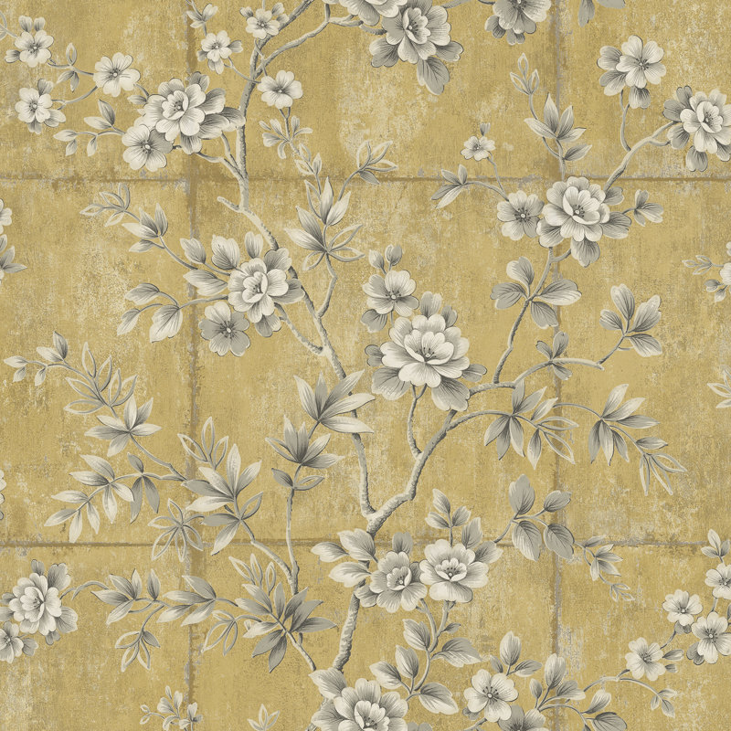 Rouleau de papier peint métallique/en feuille 27 pi x 27 po floral wall Artie, Métallisé Or / Gris / Blanc