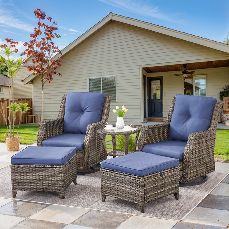 Carlston Outdoor PE Wicker Rocking Chair Set With Side Table and Ottomans