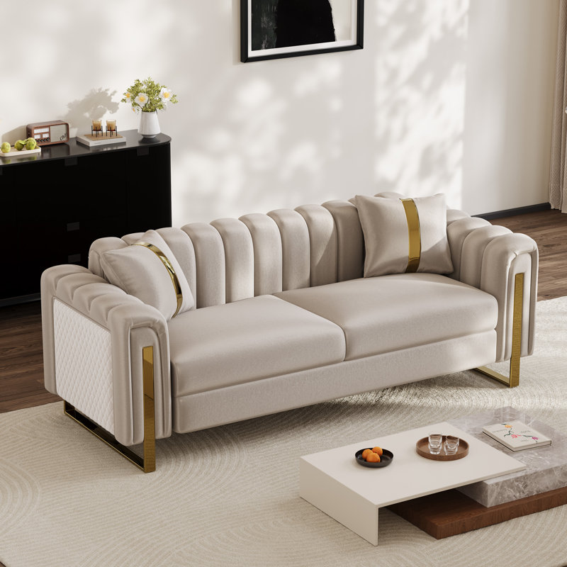 Canapé 85 po en velours dégradé avec accoudoirs dorés, H 31,6 po x l 84,71 po x P 33 po, Gris argenté