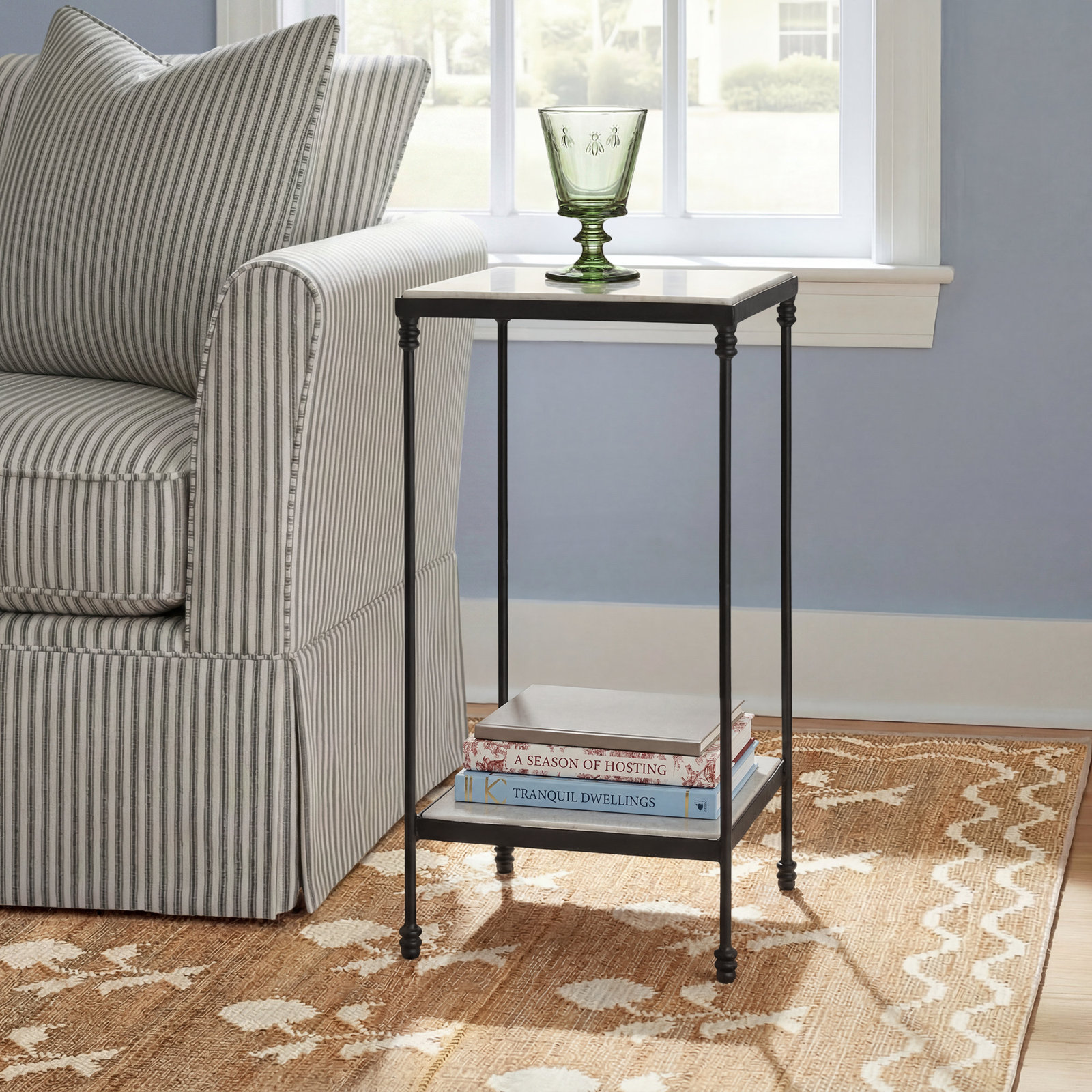 Agatie 12" Genuine Marble End Table, White Marble/Black