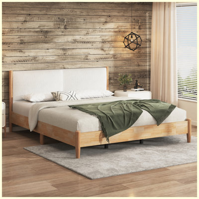Structure de lit très grand en bois naturel avec tête de lit tapissier blanche
