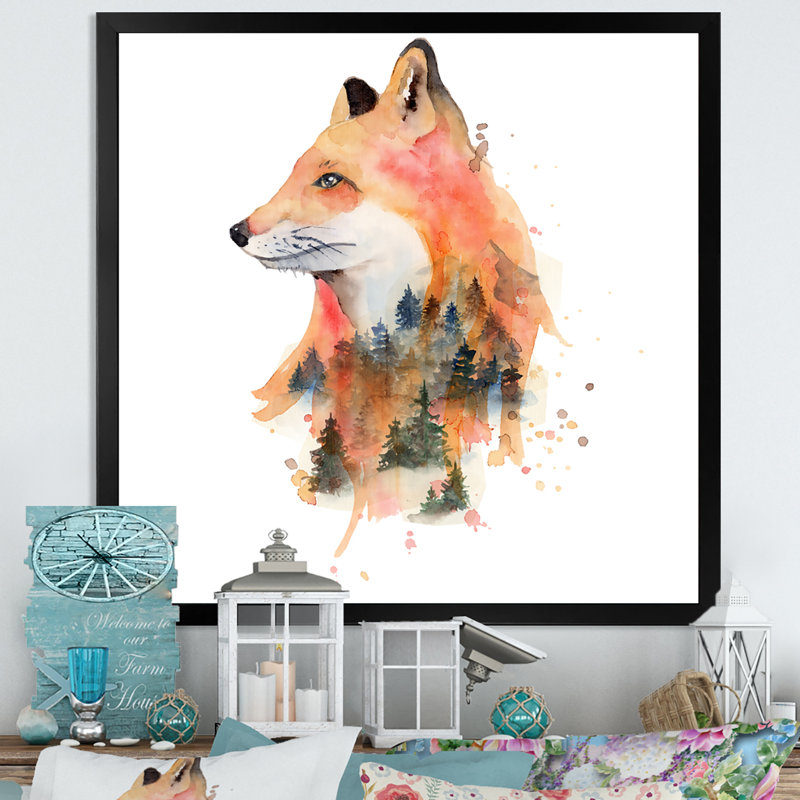 Dessin de renard orange - décoration murale traditionnelle sur toile, H 36 po x l 36 po x P 1,5 po, Cadre photo noir