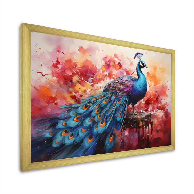 Acrylique multicolore sur toile rouge, représentation d'un paon rouge, H 12 po x l 20 po x P 1 po, Cadre doré simple