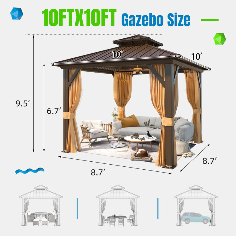 10x10 Ft Heavy-Duty Aluminum Gazebo with Galvanized Steel Double Roof, Hardtop Outdoor Canopy with Curtain & Mosquito Netting for Patio Deck & Hot Tub