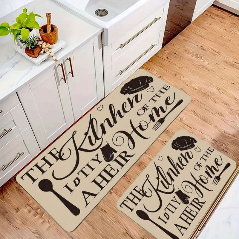 Beige 2 Pcs Typography Print Kitchen Mats Kitchen Passage