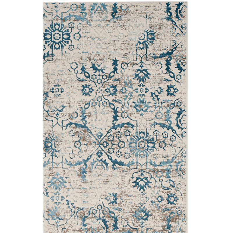 Florence-Graham Pp Viscose Cotton Weft + Warp Latex Floral Rug in Blue/Creme, Rectangle 3' x 5'
