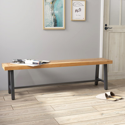 63 Inch Patio Bench Acacia Wood Long Dining Bench w/ Heavy-Duty Metal Legs