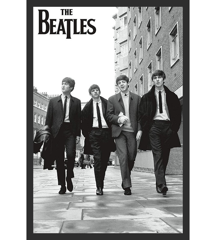 Beatles Walking Street Black & White, reproduction d'art sur affiche encadrée