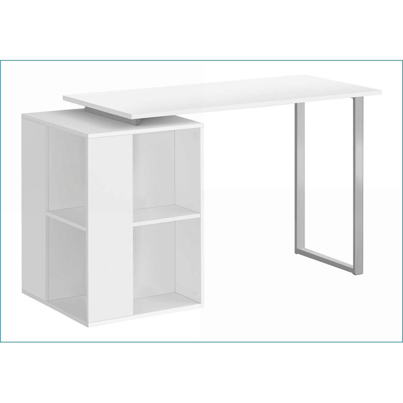 Bureaux, bureau d'ordinateur moderne de 55 po avec tablettes de rangement gauche / droite, stratifié blanc Gris métal | Blanc | Panneau de particules