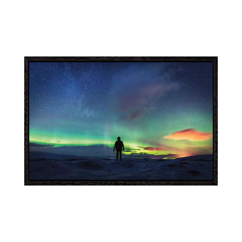 Silhouetted Man With Aurora Northern Lights by James Vodicka - Print on Canvas, Black Framed, 101.6 cm H x 66.04 cm W