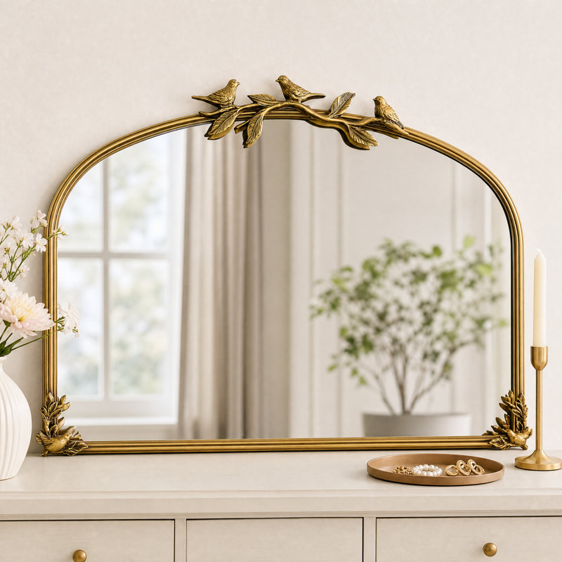Miroir mural rétro vintage en métal avec oiseaux et branches en fer, H 22 po x l 36 po