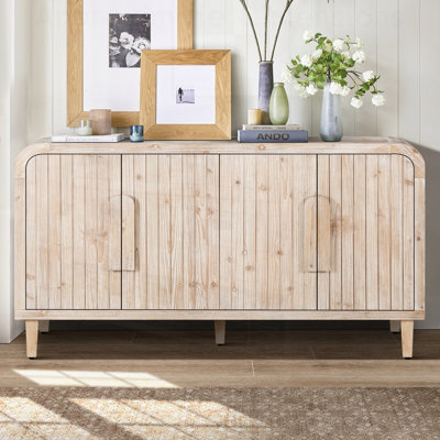 Farmhouse Curved Vintage Storage Sideboard with Large Wooden Handles, Vertical Wood Grain Carving and Adjustable Shelves for Kitchen, Dining Room