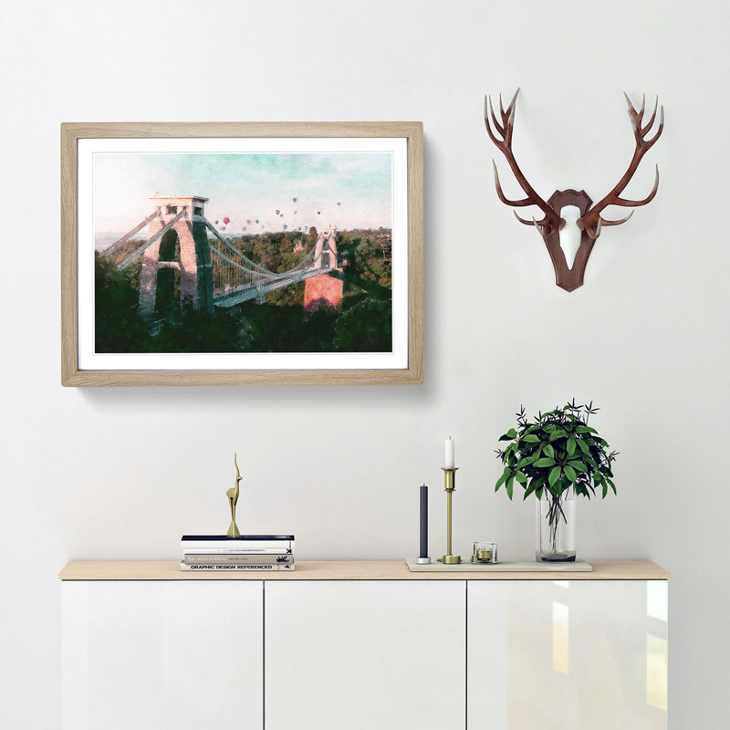 Clifton Suspension Bridge in Bristol - Picture Frame Graphic Art Print on MDF, Oak Framed, 45cm H x 63cm W x 2cm D