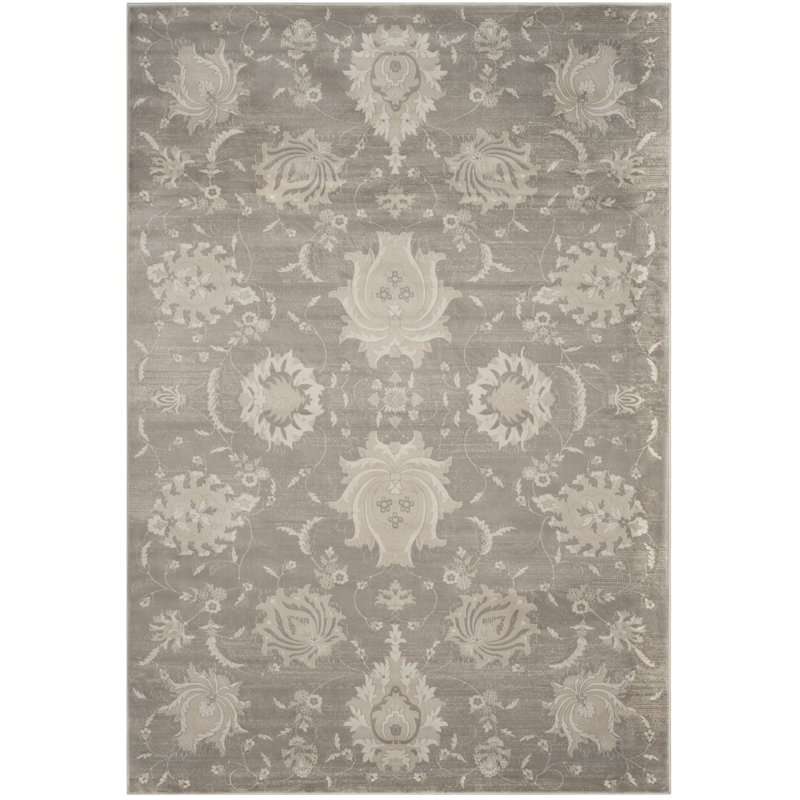 Grey and Ivory Floral Distressed Rectangular Area Rug 6'7" x 9'2"