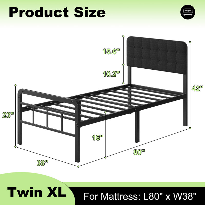 16 Inch Bed Frame with Black Upholstered Headboard and Metal Footboard, Twin XL