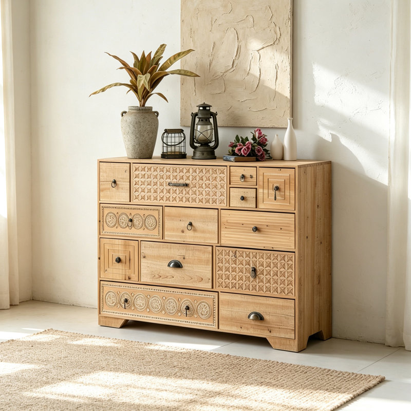 Retro solid wood carved drawer accent chest
