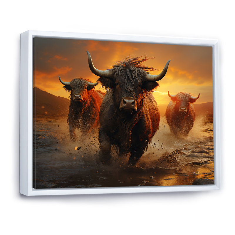 «Expressionist Yaks Horizon I» sur toile, Cadre flottant blanc, H 12 po x l 20 po
