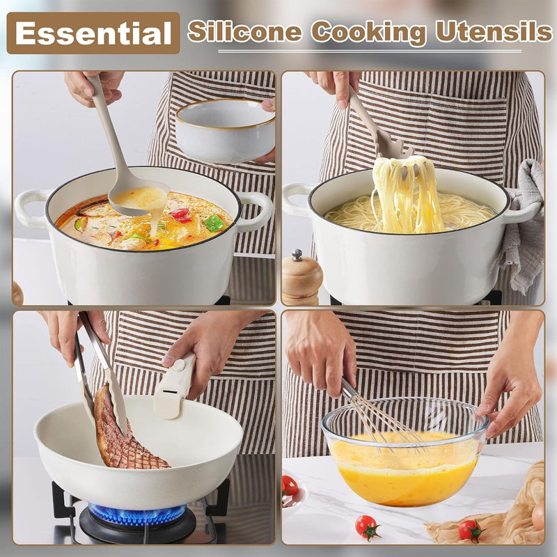 Ensemble de 14 ustensiles de cuisine en silicone de couleur kaki.