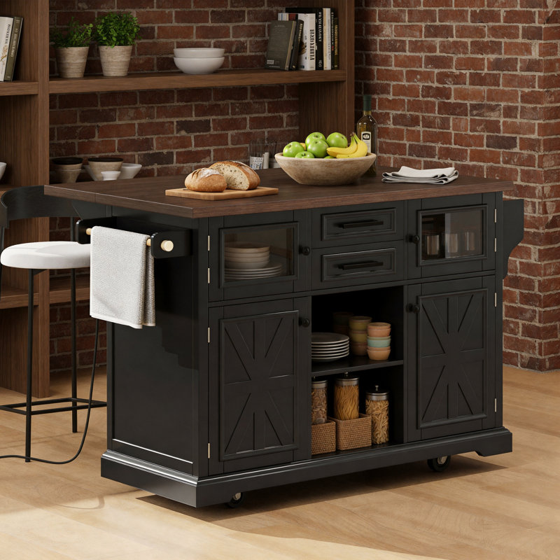 54.89-Inch Black Kitchen Island With Folding Tabletop And Outlets, 4-Door Shelving, Barn Door + Glass Door, 4-Wheel Mobile Storage Trolley