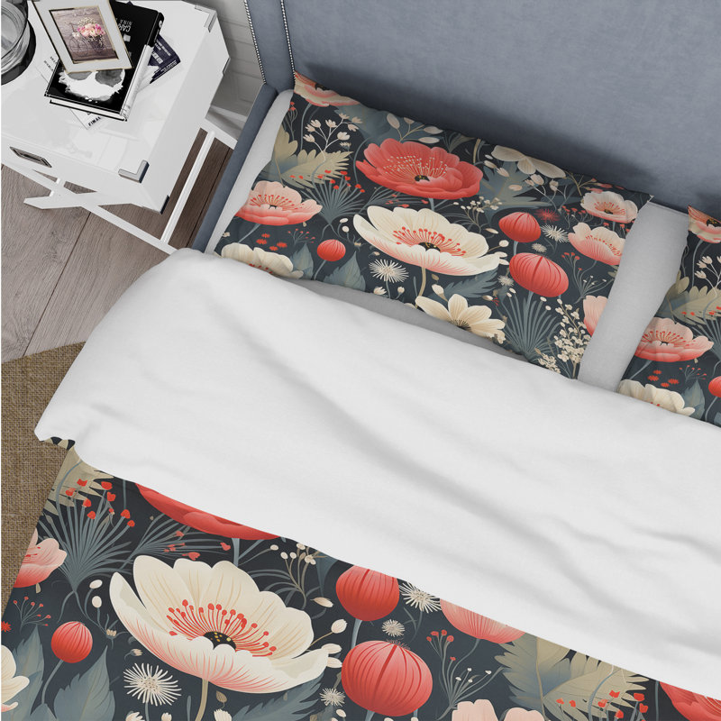 Ensemble de housse de couette floral rouge clair Serene Blooms - Floral, Housse de couette simple + 1 taie décorative stan