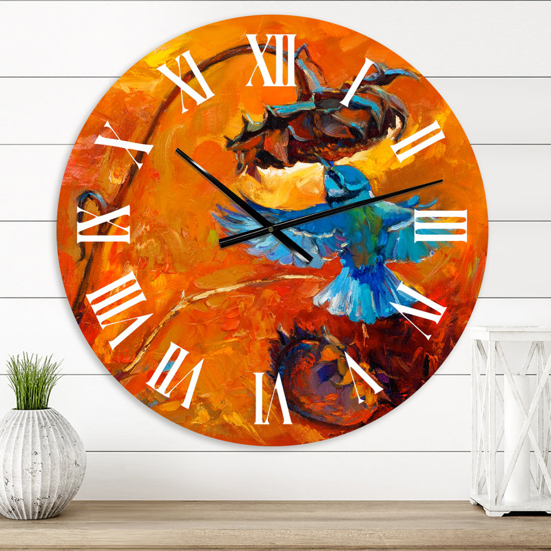 Horloge murale traditionnelle colibri bleu sur fond orange, Surdimensionné
