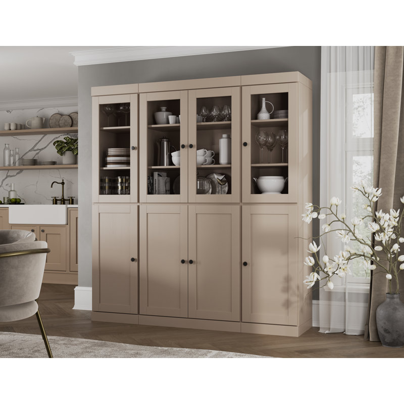 100% Solid Wood 65" Pantry China Cabinet with Clear Glass, Shaker Doors and Adjustable Shelves, Beige