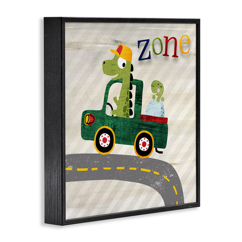 Dinosaur conduisant un camion, estampe numérique, conception par Susan Arnot, Giclée encadrée noir minuit, H 12 po x l 12 po
