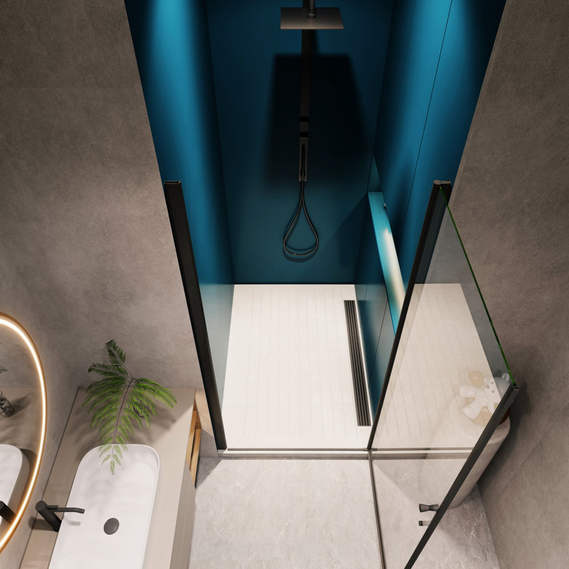 8" Stainless Steel Handle Pivot Shower Door, 1/4" Tempered Glass, Matte Black Bathroom Glass Black, 34"-35 3/8" W, 72" H, Smooth And