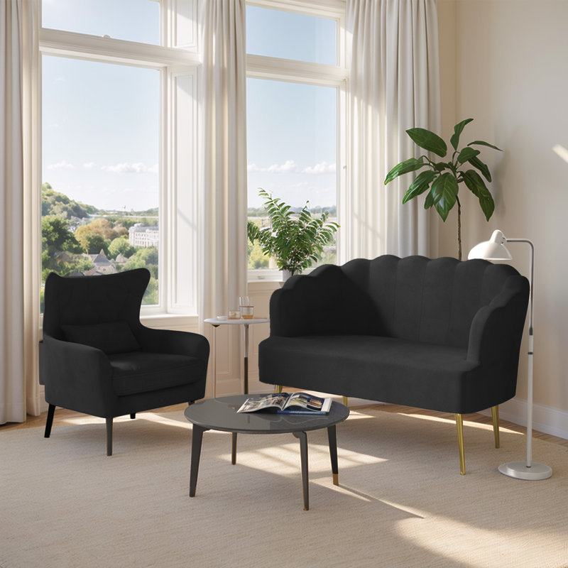 Causeuse 2 pièces en velours doux moderne avec fauteuil d'appoint, Noir