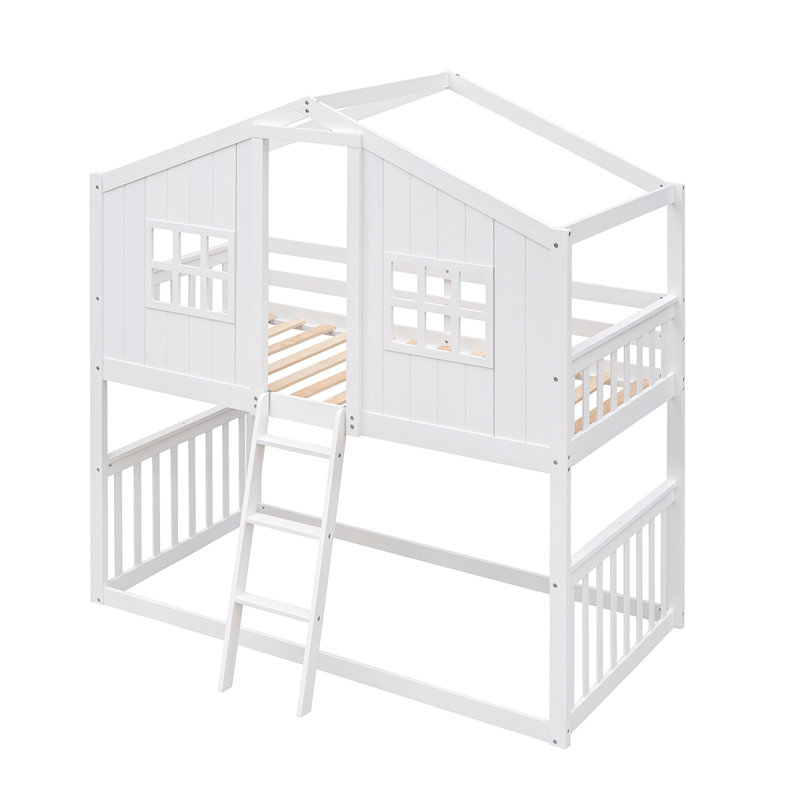 Lit superposé avec échelle House, lit en bois, Blanc