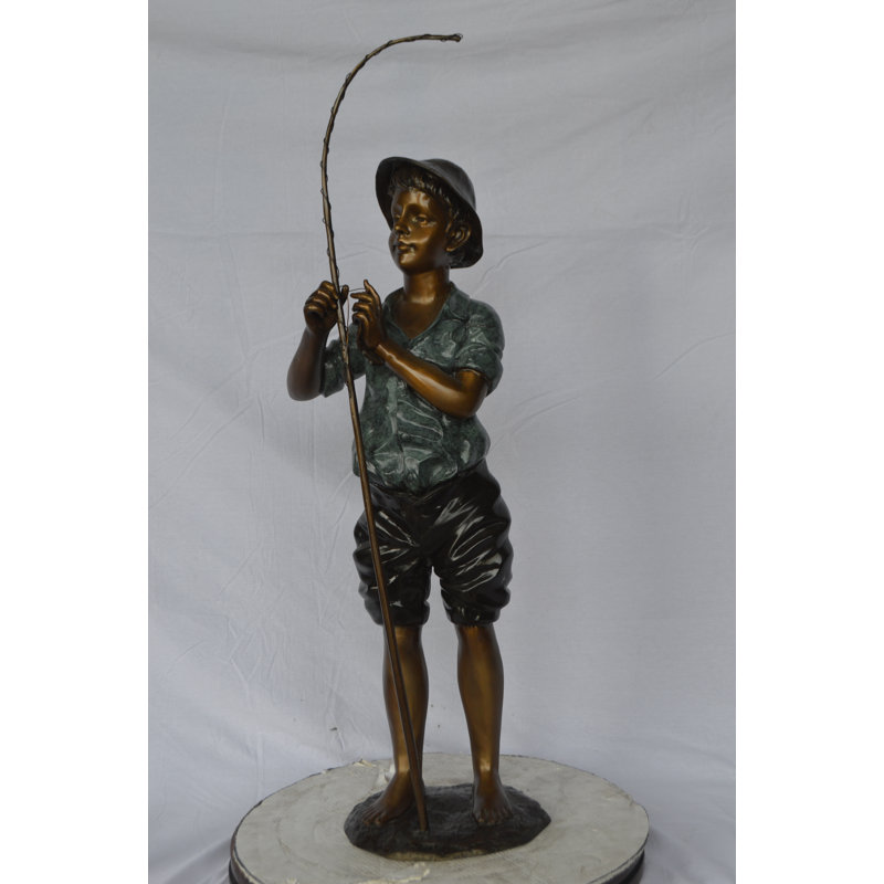Boy with fishing rod  bronze statue -  Size: 11"L x 14"W x 44"H. 