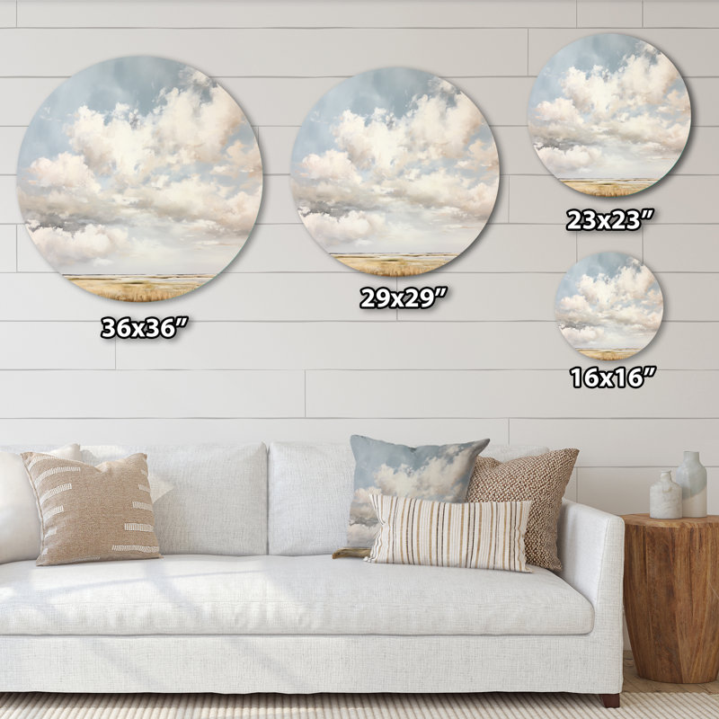 Nuage blanc paysage minimaliste - paysages d'art rond en métal, H 29 po x l 29 po
