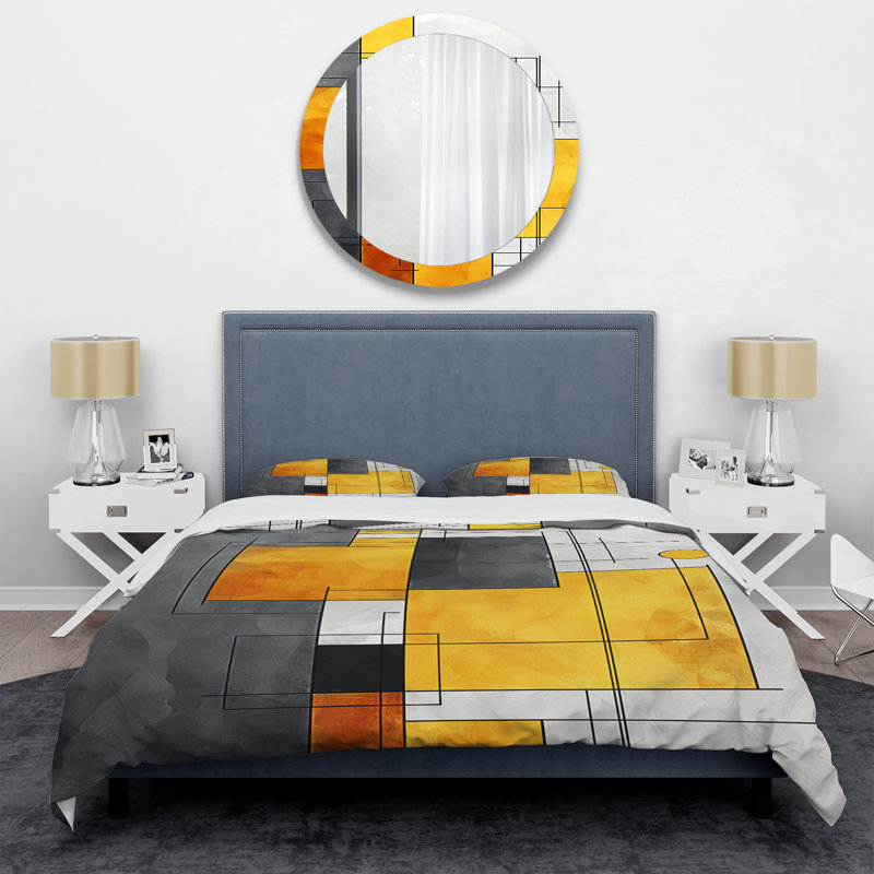 Yellow And Grey Geometric Fusion 6 - Abstract Geometric Duvet Cover Set, King Duvet Cover