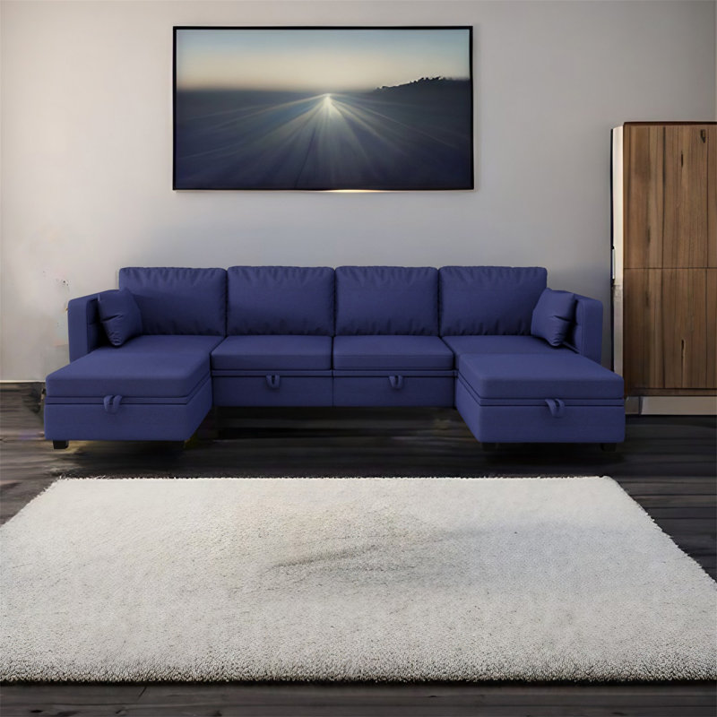 Canapé modulaire 6 pièces rembourré, Mélange de lin bleu marine