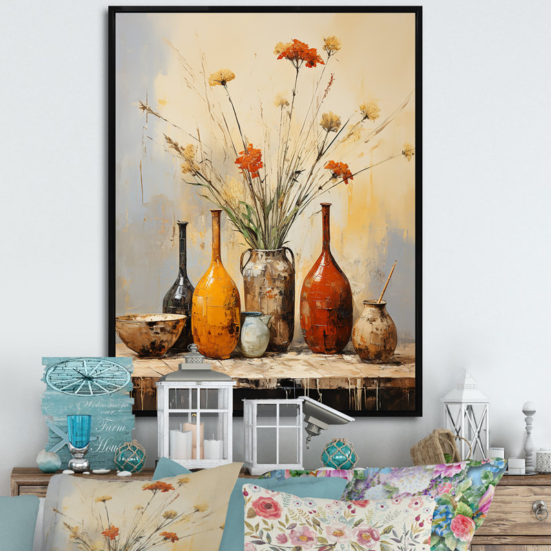 Yellow Natural Floral Pottery Elegance I - Boho Pottery Wall Art Decor, Black Floater Framed, 44" H x 34" W x 1.5" D