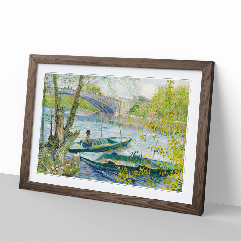 Fishing in Spring by Vincent Van Gogh - Picture Frame Painting, 36cm H x 48cm W x 2cm D, Walnut Framed