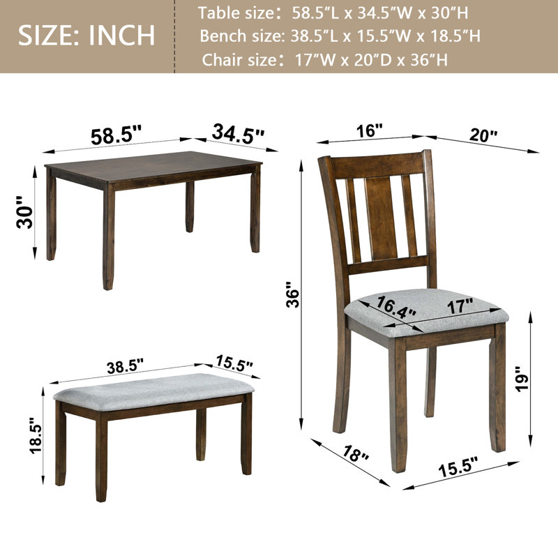Table de salle à manger rectangulaire en noyer, 6 avec 4 chaises et un banc, pour 6 personnes, contemporaine et pour la maison, cuisine, salon 6, bar maison, décoration
