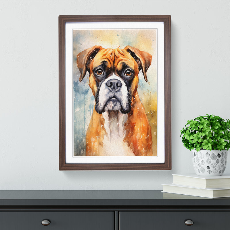 Boxer Dog Impressionism - Single Picture Frame Print on Wood, 64cm H x 46cm W x 2cm D, Walnut