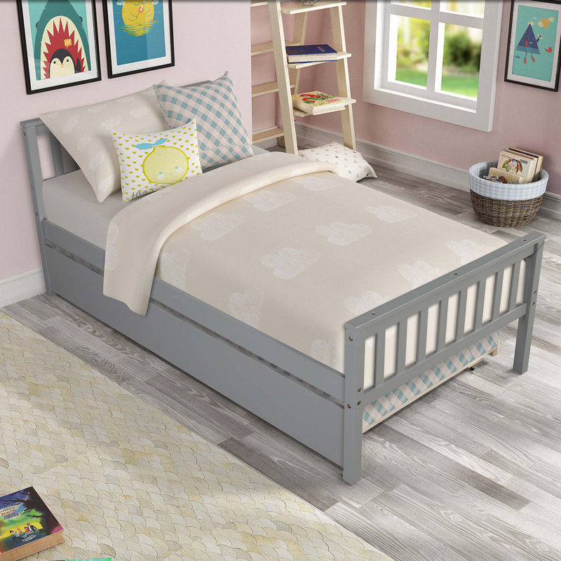 Twin Bed with Trundle, Platform Bed Frame with Headboard and Footboard, No Box Spring Needed,Grey