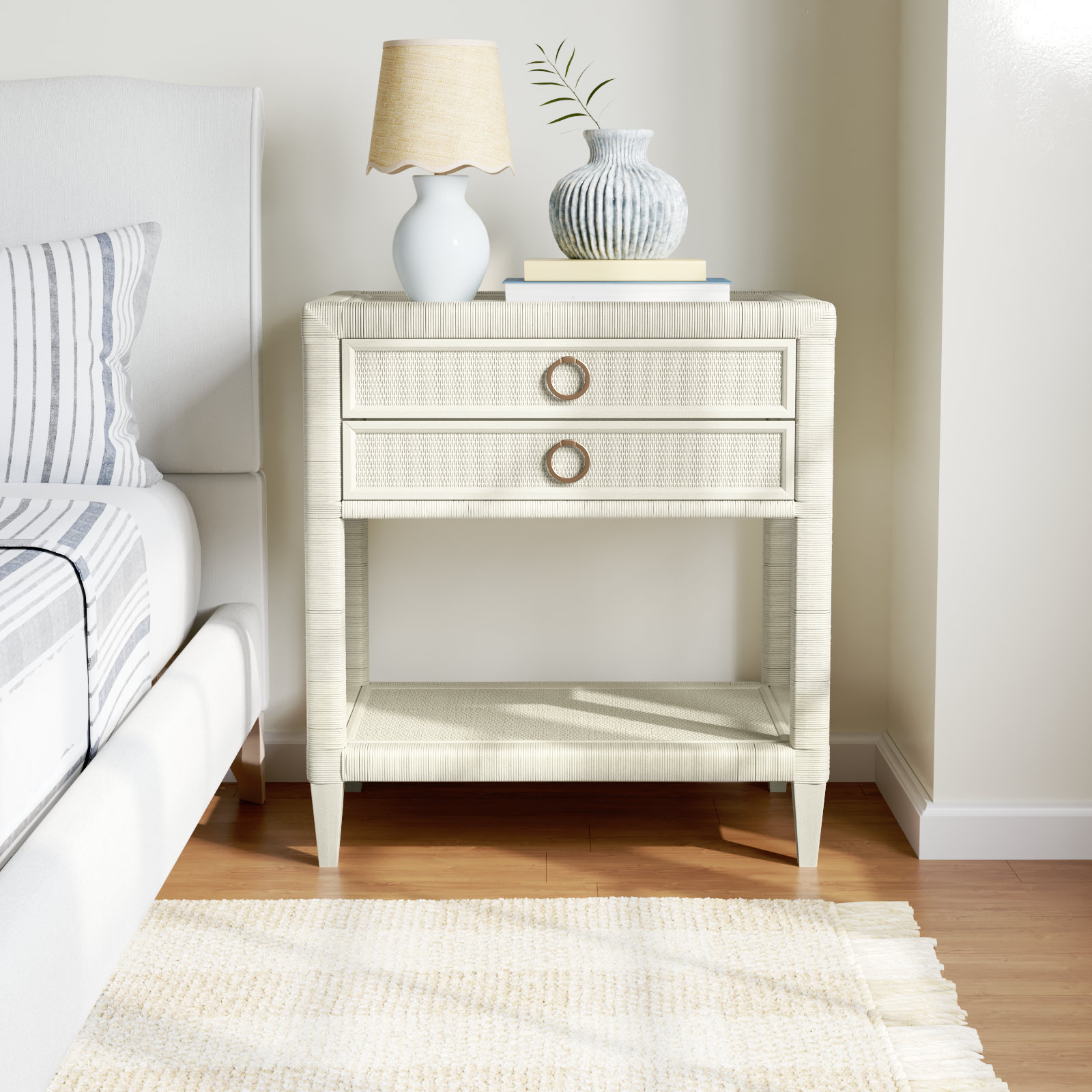 Warwick 2-Drawer Nightstand, Antique Frost White, Satin Brass
