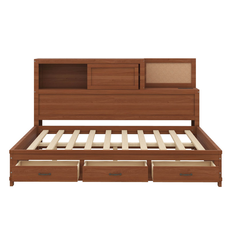 Lit de jour double en bois avec trois tiroirs et une tablette, Noyer